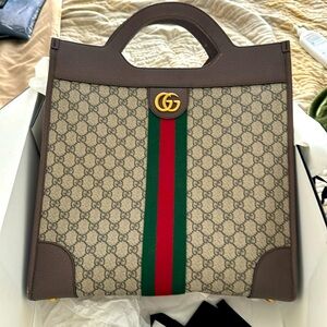 BROWN GUCCI GG SUPREME OPHIDIA VERTICAL TOTE